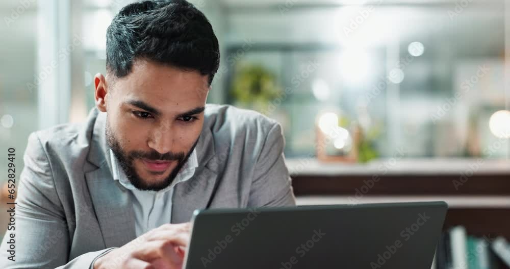 Poster laptop, email and smile with a business man at work in his office for a project management report. c