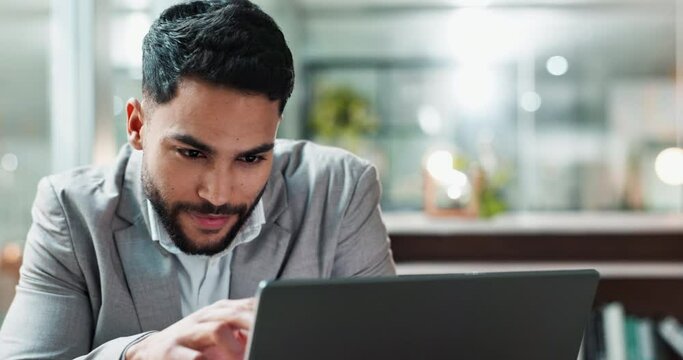 Laptop, email and smile with a business man at work in his office for a project management report. Computer, research and information with a happy young employee reading communication in the office
