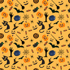 Halloween pattern with halloween candy and witch broom
