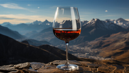 Mountain peak, wineglass, sunset, mountain range, adventure, winery, hiking, snow, relaxation, water generated by AI