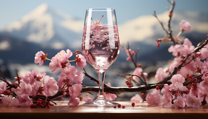 Freshness in nature, pink blossom, wineglass on wooden table, summer celebration generated by AI