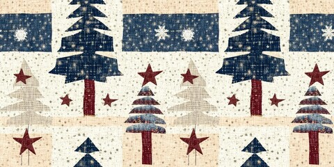 Old-Fashioned christmas tree with primitive hand sewing fabric effect banner. Cozy nostalgic homespun winter hand made crafts style ribbon.