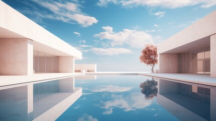 Modern, minimalist courtyard with a reflective pool