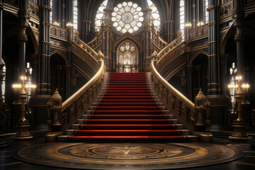 Obraz premium Red carpet on the stairs in the palace, solemn ceremony. AI generative.