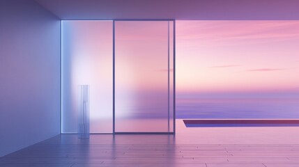An empty room with glass partition and beautiful sky view at sunrise from the window