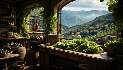 A rustic winery in the mountains, surrounded by green vineyards generated by AI - obrazy, fototapety, plakaty