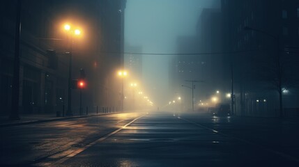 An empty, fog-shrouded city street with glowing streetlights