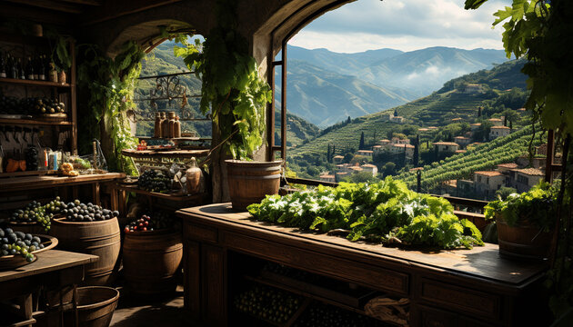 A rustic winery in the mountains, surrounded by green vineyards generated by AI