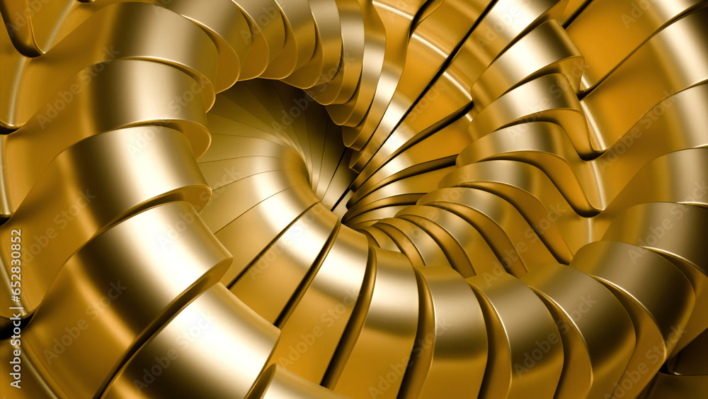 Poster green and yellow twisted tunnel. design. a moving twisted pigtail made in 3d format that moves inwar