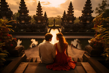 couple in love at vacation in Bali in font of Hindu Temples