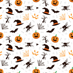 halloween scary semless pattern background with witch hat pumkins and halloween tree