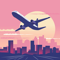 Vector illustration in flat style, airplane flying over the city at sunset. All elements are isolated from each other.  © Lilia Ulizko