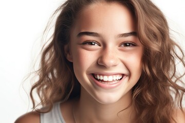 Naklejka premium Portrait of young beautiful cute cheerful teenage girl laughing. Teen girl looking at camera over light gray background.