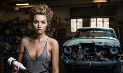 Young woman in auto repair shop. Caucasian sexy girl in her car repair workshop and looking at camera.  Female car mechanic in garage. Old car on background.