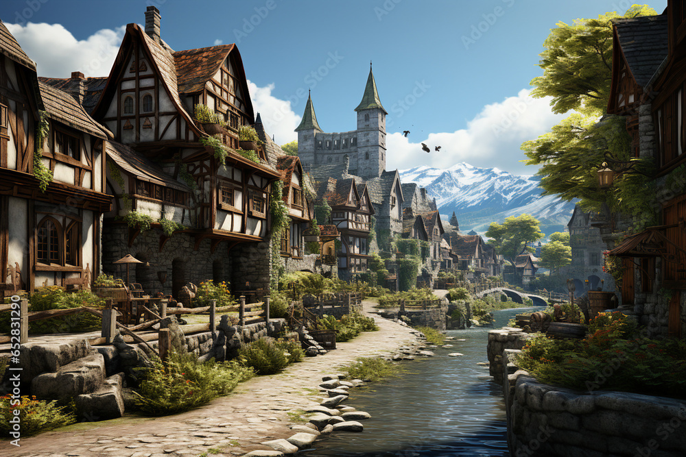 Poster medieval village background environment for computer mobile game generative ai picture
