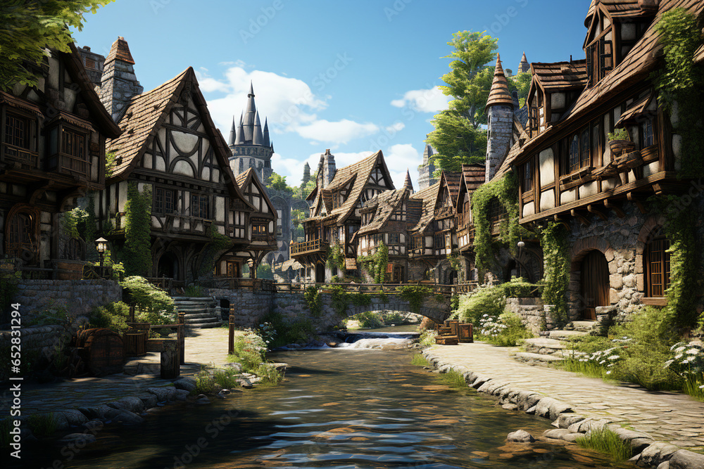 Poster medieval village background environment for computer mobile game generative ai picture
