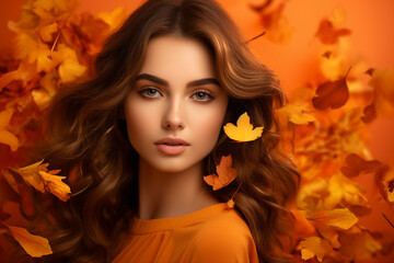 Generative Ai illustration of stunning woman surrounded by dry foliage autumn decorations background