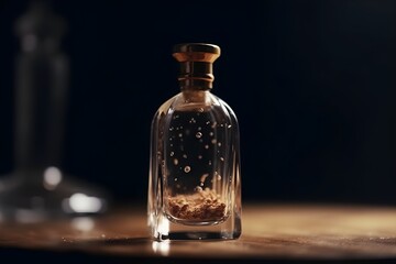 Obraz na płótnie Canvas corked glass perfume bottle with little splash water on blurry background