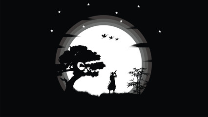 illustration vector graphic of Ninja, Assassin, Samurai training at night on a full moon. Perfect for wallpaper, poster, etc.