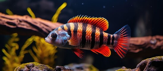 Red African cichlid mbuna a famous aquarium pet swimming in aquatic environment with decorative elements