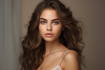 Fototapeta premium Close up photo portrait of a beautiful young woman smiling and looking at camera isolated on a beige background