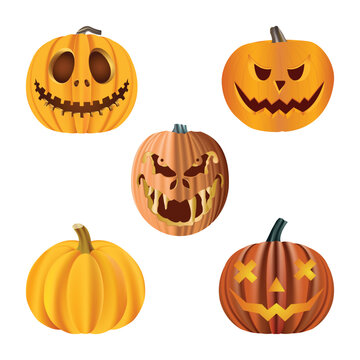 Set of realistic spooky pumpkin isolated on white background
