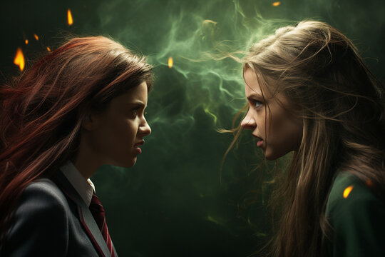 Generative ai collage picture of two witches have confrontation magical battle powers