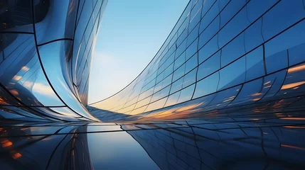Fotobehang Low angle view of futuristic architecture, Skyscraper of office building with curve glass window, © Lucky Ai