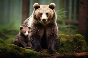 Obraz premium mother and cub bear with natural background