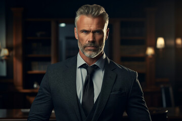 Fototapeta premium Generative AI photo of confident determined intelligent mature man standing in library