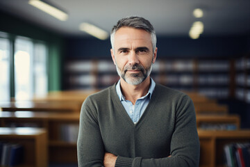 Fototapeta premium Generative AI concept photo of intelligent handsome male professor on blurred classroom or library background
