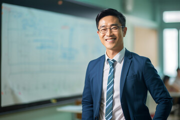 Fototapeta premium Picture made with generative AI photography of happy successsful man standing in a contemporary office looking at camera