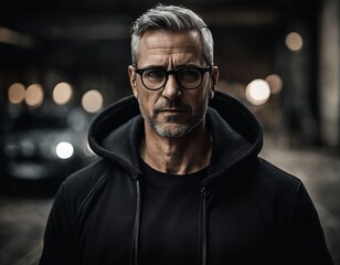 Freundlich schauender 40-jähriger Mann mit grauen Haaren und dunkler Brille trägt einen schwarzen Hoodie und befindet sich auf der Straße - obrazy, fototapety, plakaty