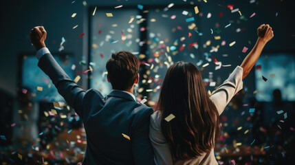 Team Work Makes the Dream Work - A Couple of Man and a Woman Raising Hands & Celebrating Success at the Workplace with Raining Confetti in the Background