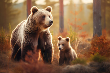 mother and cub bear with natural background - obrazy, fototapety, plakaty