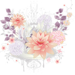 Komposition aus Seerosen und Hortensien Blüten in zarten Pastellfarben rosa und Flieder
