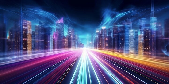 Speed light trails path through smart modern mega city and skyscrapers town with neon futuristic technology background, future virtual reality, motion effect, high speed light. Generated by AI