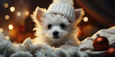 Cute white small dog in a red Christmas hat on a background of beautiful golden bokeh, Christmas balls.