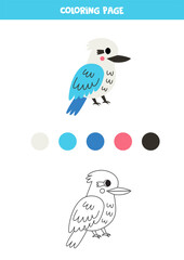Color cute cartoon kookaburra. Worksheet for kids.