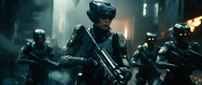 Portrait of sci-fi female soldier in futuristic amour standing in apocalyptic scene of destroyed after war city with debris, smoke and fire. Anamorphic 4k footage