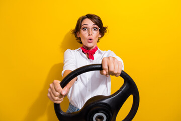 Photo of surprised amazed girl wear white trendy clothes driving fast car after repairing isolated...
