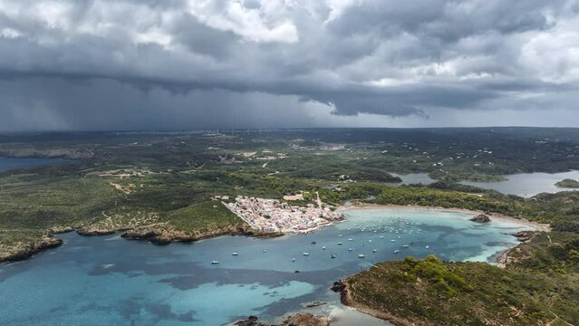 Aerial time lapse over Es grau cloudy day Menorca