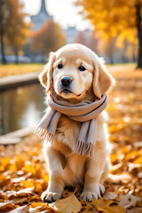 with expressions of sadness and abandonment, golden retriever with scarf in the park waits for someone to adopt him, concept Animals, generative ai