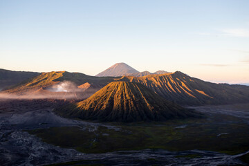 Panoramic View Of Bromo Volcano At Sunrise In East Java, Indonesia. Mount Bromo Is Arguably One Of The Most Famous Scenic Attractions In Indonesia.