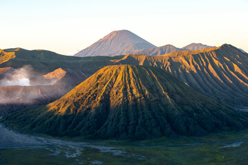 Panoramic View Of Bromo Volcano At Sunrise In East Java, Indonesia. Mount Bromo Is Arguably One Of...