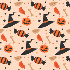 Halloween pattern with witch hat and halloween candy. Halloween seamless pattern