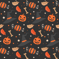 Dark halloween pattern with witch hat and halloween candy