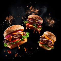 Grill burger, realistic food photo burgers falling in the air, grilled meat collection, ultra...