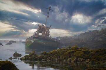Derelict boat at dusk, with a backdrop of dramatic clouds streaking across the sky.