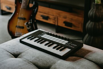 Music keyboard placed on a cozy couch in a living room